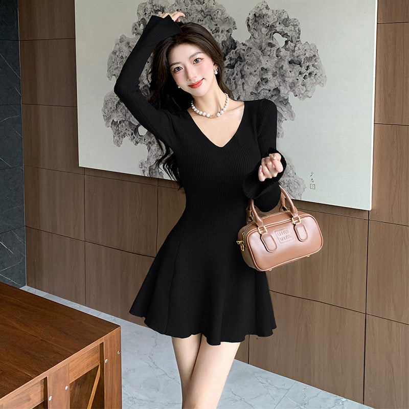 Aiertu leapord halloween outfit Autumn and Winter Japanese and Korean Style Women's Long Sleeve V-neck Bell Sleeve Sweater Dress Slim Slimming Knitted Dress 6915 aiertu