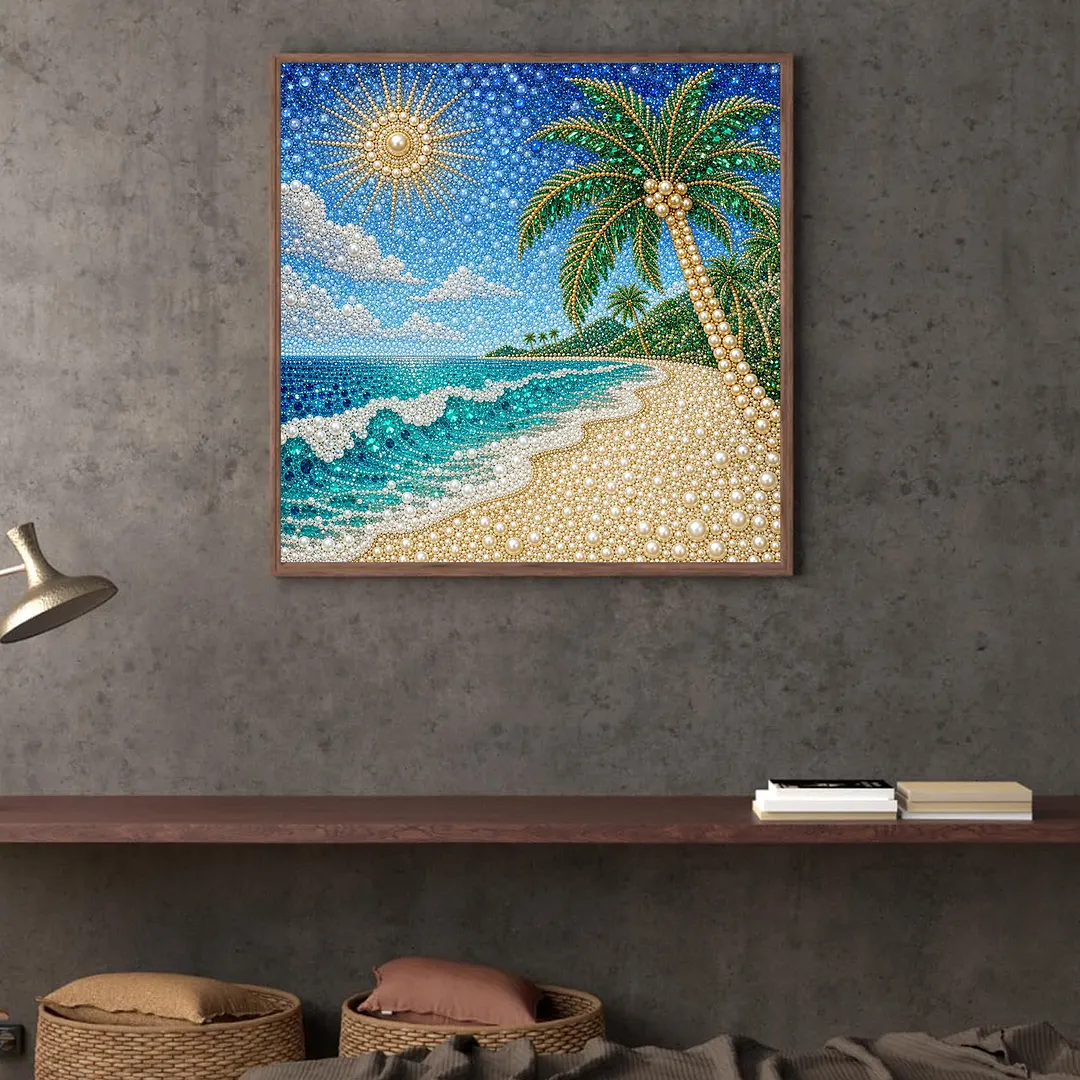 Summer Beach Pearl Full DIY 5D Round Drill Gem Art Diamond Painting Kits 15.75x15.75 in Diamond Dots Paintings Picture Arts Craft Diamond Art Kits for Adults Beginner Home Wall Decor