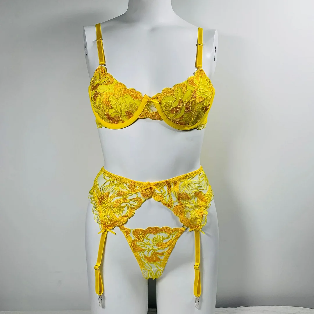 Billionm Lingerie Sexy Underwear 3 Pieces Embroidery Fancy Lace Intimate Sets For Couple Transparent Luxury Yellow Matching Set