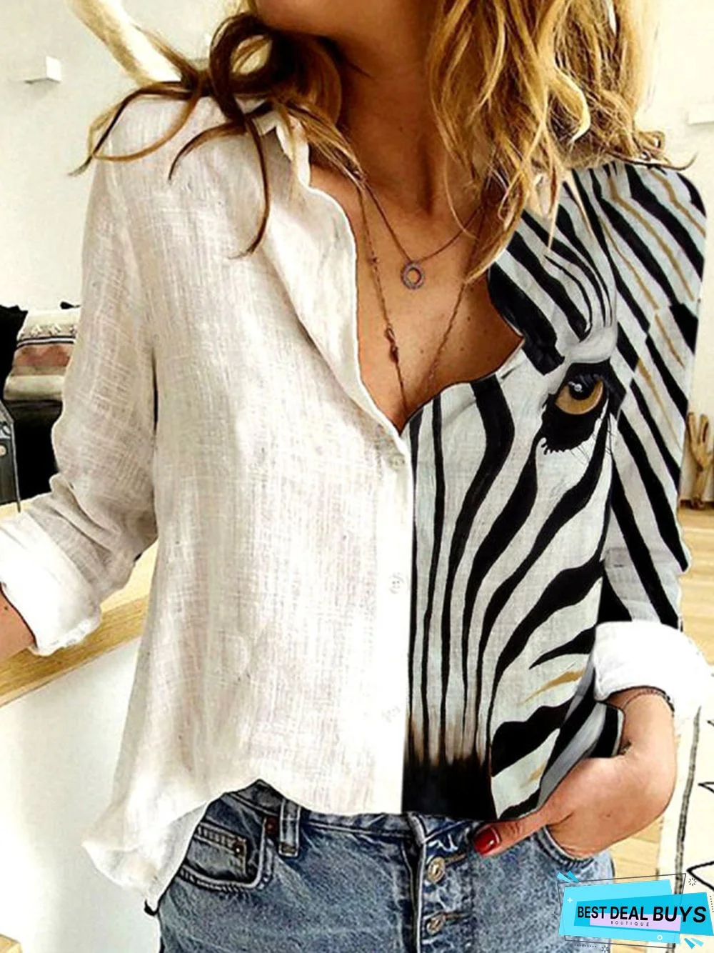 Cotton Linen Zebra Print Loose Long Sleeve Blouse