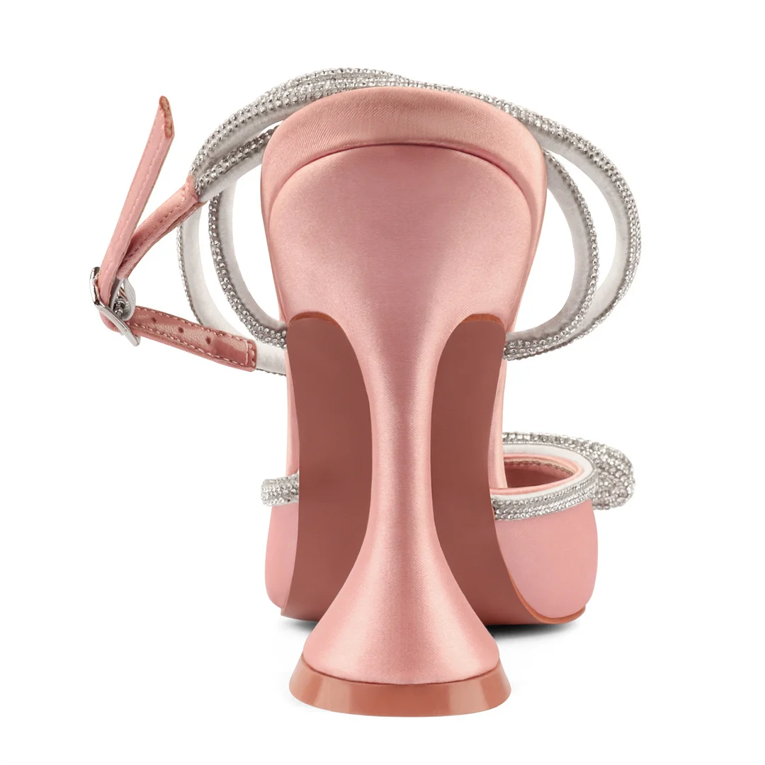 9.5cm/3.74 Women's Double Bow Pointed Toe Ankle Strap Crystal Pumps Wedding Bridal Party Stilettos Backless Satin Heeled Sandals