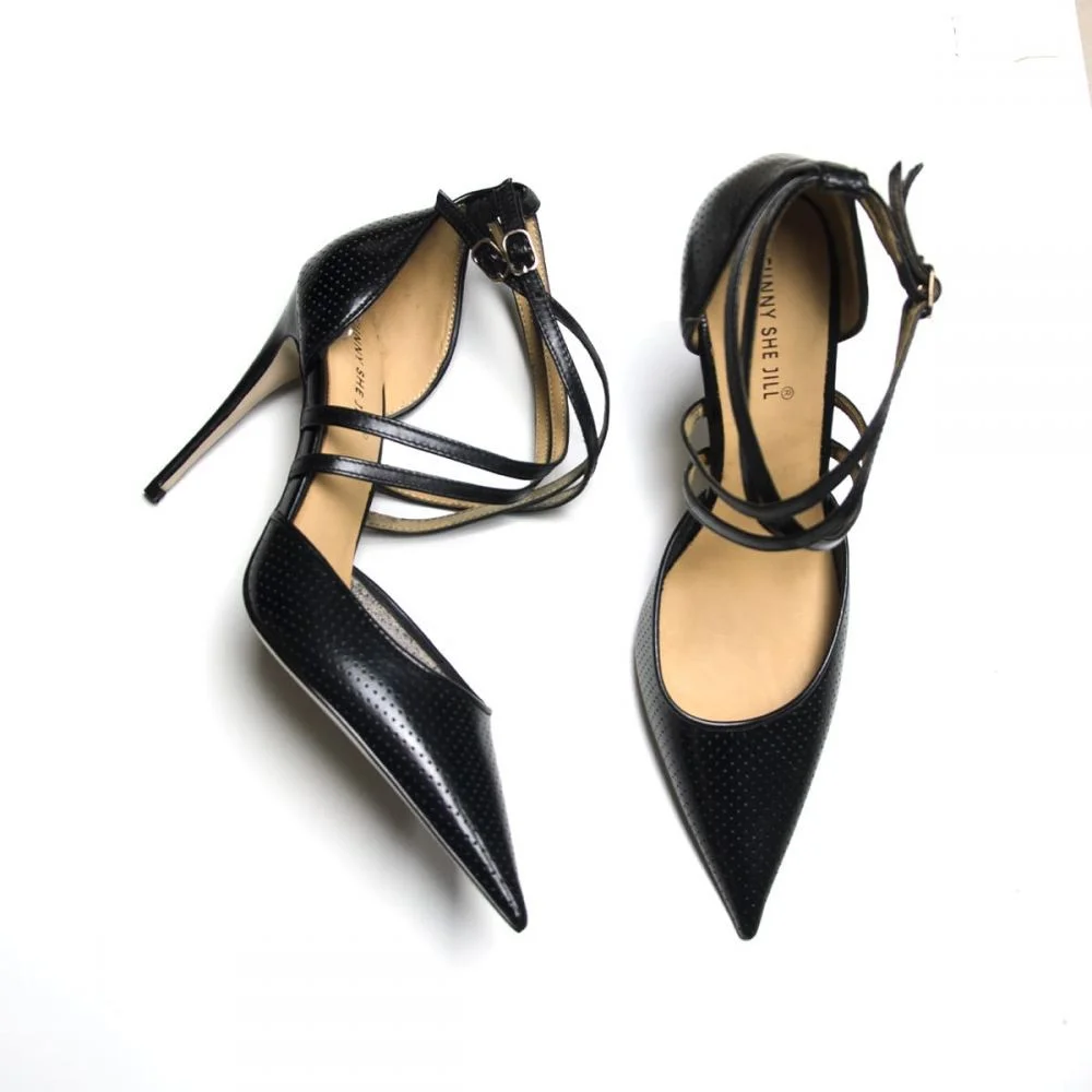 Pointed Toe Pumps Hollow Out Shoes Crisscross Strap Heels