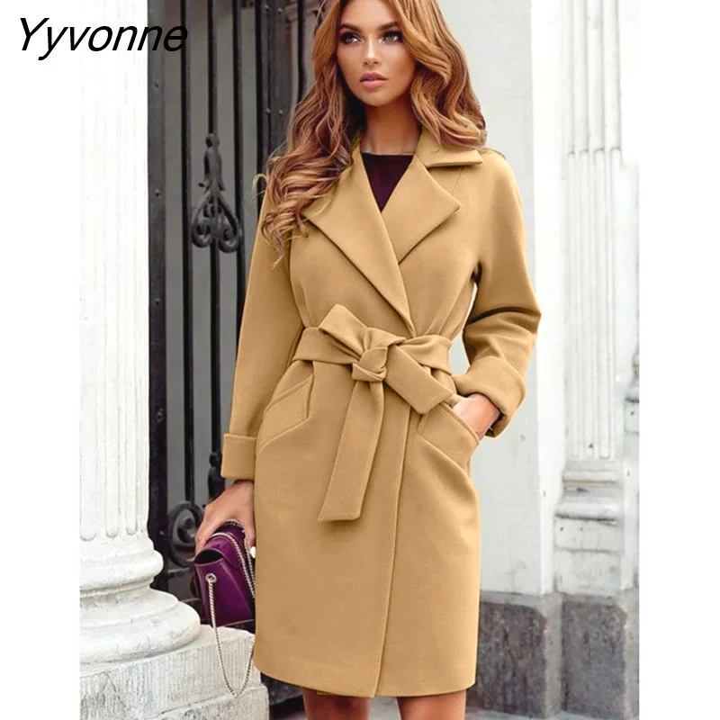 Yyvonne Office Lady Woolen Women's Coat Warm Jackets Outwear Top With Belt Outdoor Party Turndown Collar Long Overcoat Winter