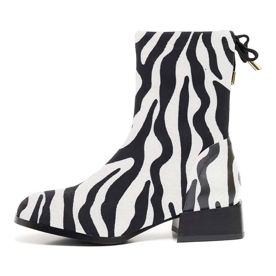 Black & White Zebra Printed Round Toe Lace-Up Ankle Booties