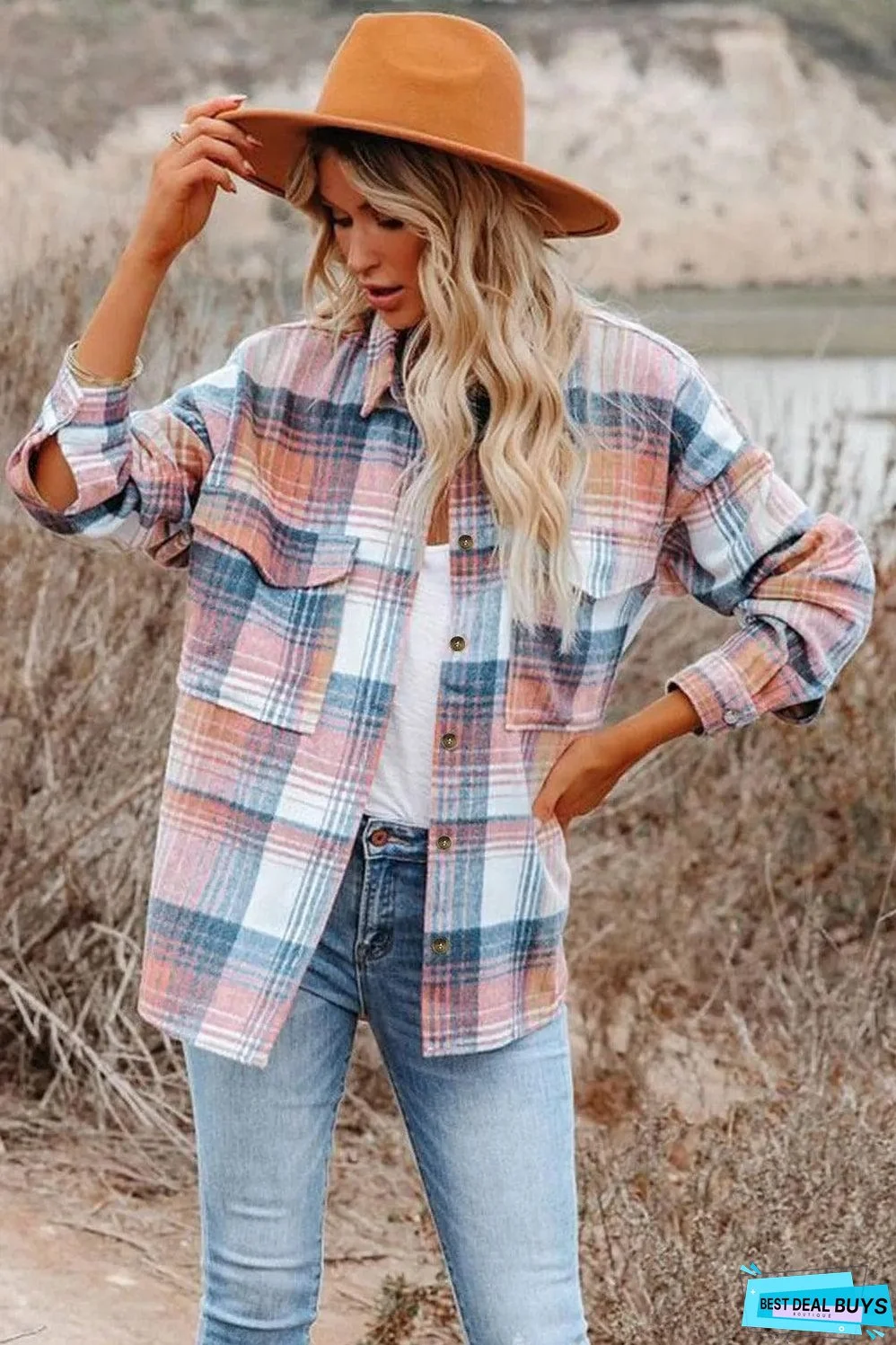 Pink Black/Pink Plaid Flap Pockets Shacket