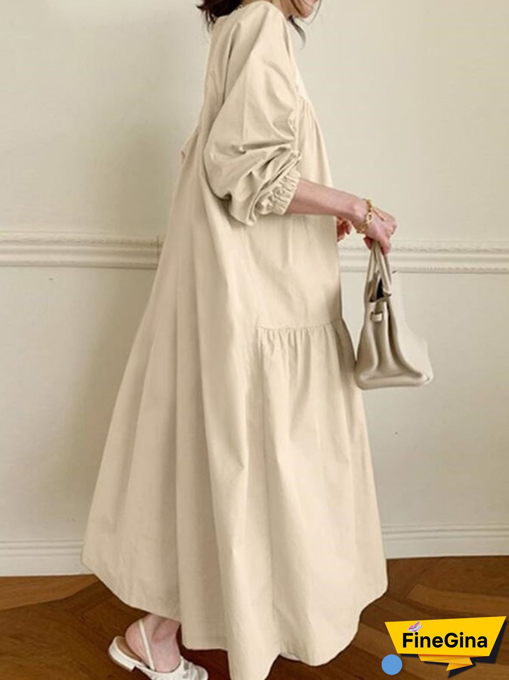 V-neck Loose Fitting Solid Color Dress