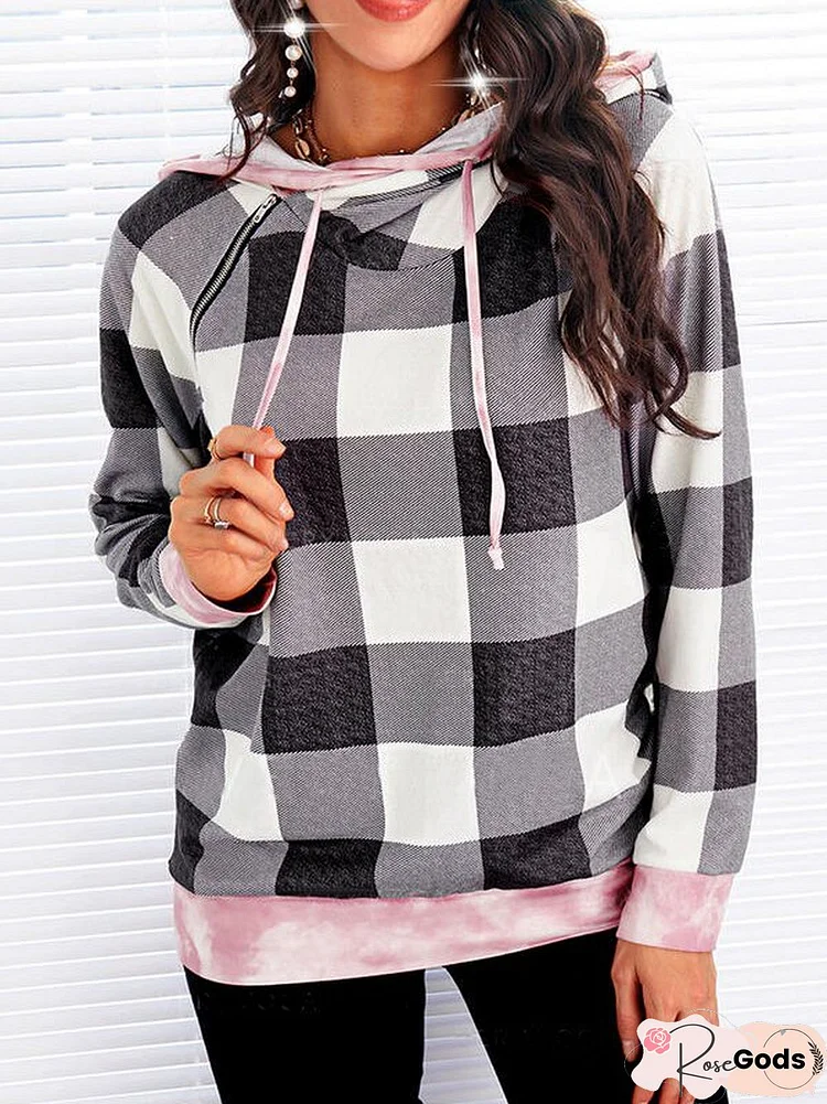 Plaid Casual Loose Webbing Hoodie Sweatshirts