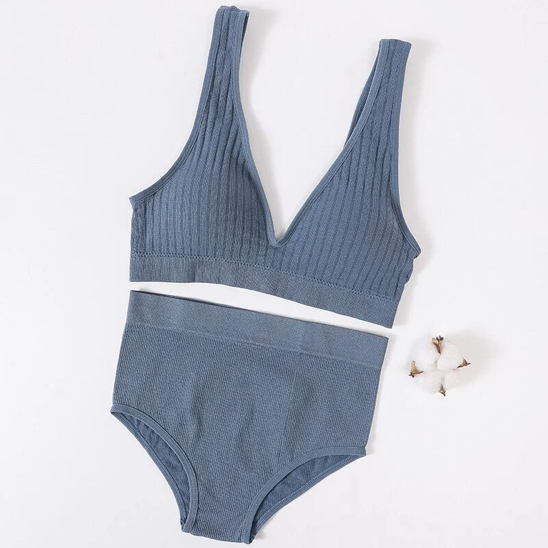 Women's Underwear Sports Bra Panties Set Female Wirefree Brassiere Seamless Top Sexy Set High Waist Brief V Neck Lingerie Set