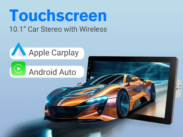 Product Introduction of 10.1" Rotatable Touch Screen Car Stereo Single Din - Android 13. Wireless CarPlay/Android Auto. 4-Core CPU. 2GB+32GB. GPS Navigation. Hi-Fi Sound. Bluetooth 4.2. AHD Backup Camera (Vertical Fit) 2