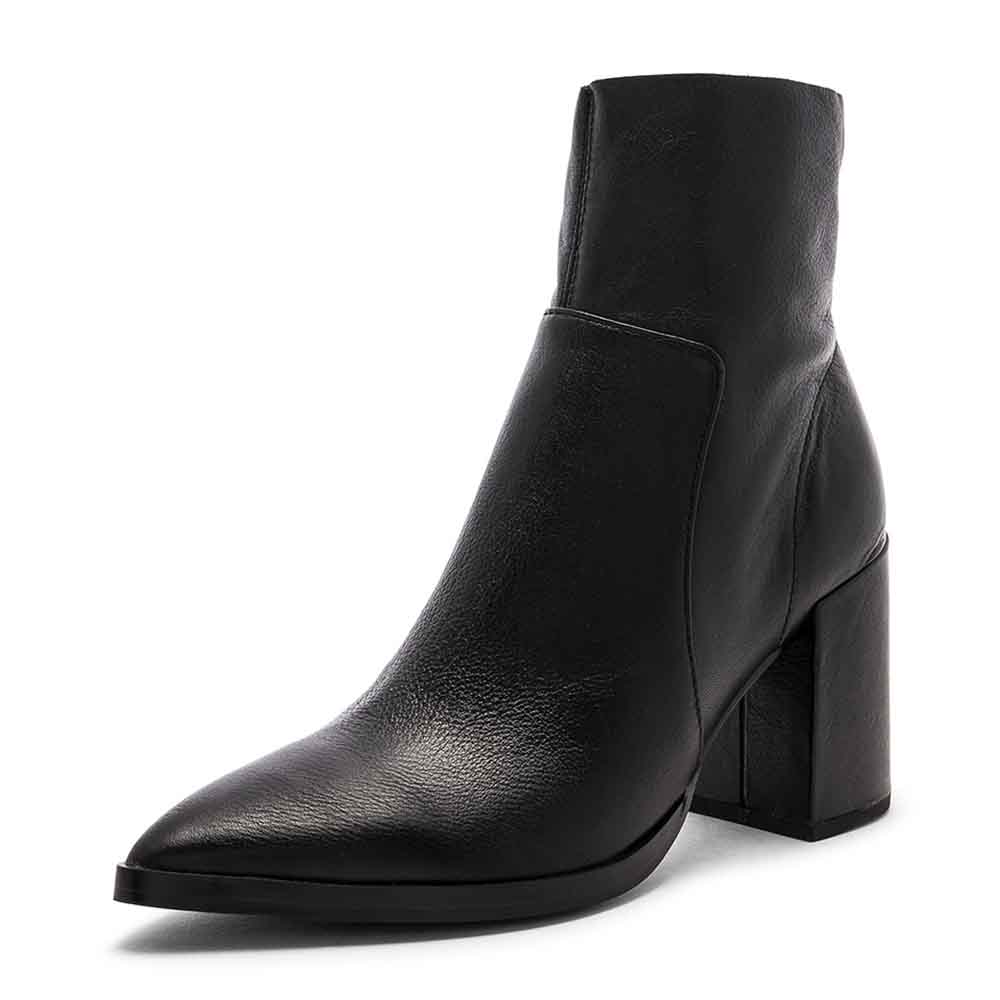 Black Vegan Leather Pointed Toe Chunky Heel Side-Zip Ankle Boots Nicepairs
