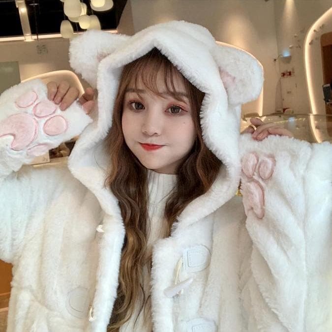 White Cat Ear Thick Plush Hoodie Coat SP12645