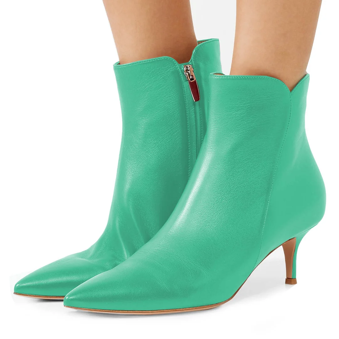 Turquoise Faux Leather Pointed Toe Side Zipper Kitten Heeled Booties