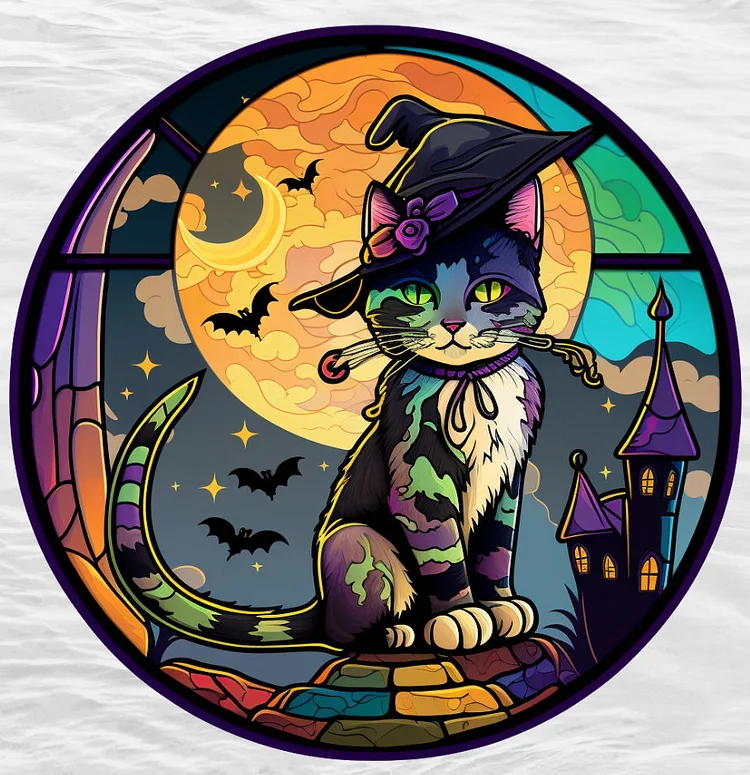 Glass Art – Halloween Cat - Full Round 40*40CM(AB Drill,Round)