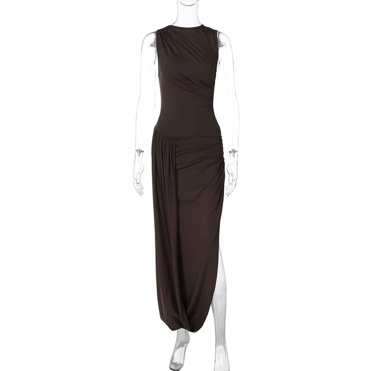 Fashionable With Side-slit Pleated Slim Round Neck Dress