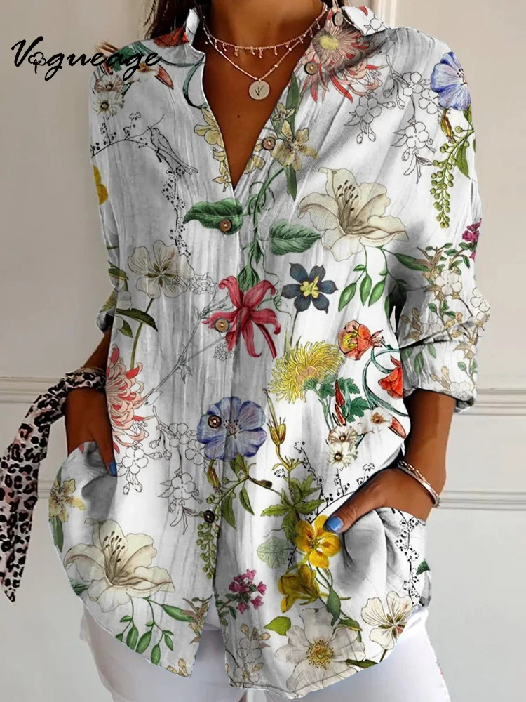 Daily Ink Painting Flowers And Plants For Walking Picnic Long Sleeves Printed Cotton And Linen Shirt