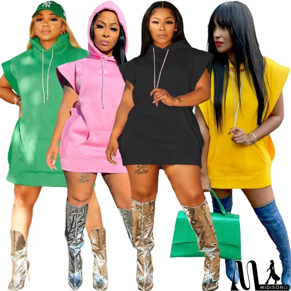 MidiSono - Spring Yellow Pocketed Sleeveless Hoody Sweatshirt Dress