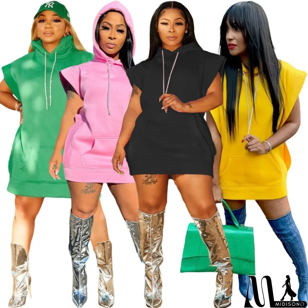 MidiSono - Spring Yellow Pocketed Sleeveless Hoody Sweatshirt Dress