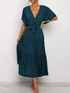 Solid Color Lace-Up Batwing Sleeves Midi Dress