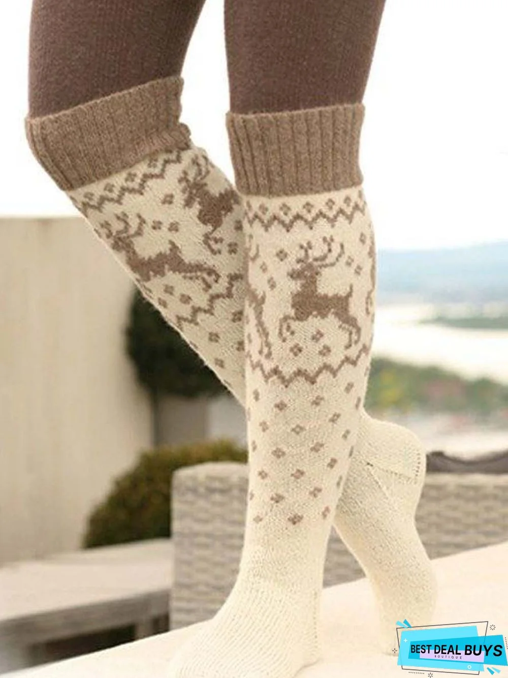 High Elastic Cotton  Printed  Winter Beige Socks