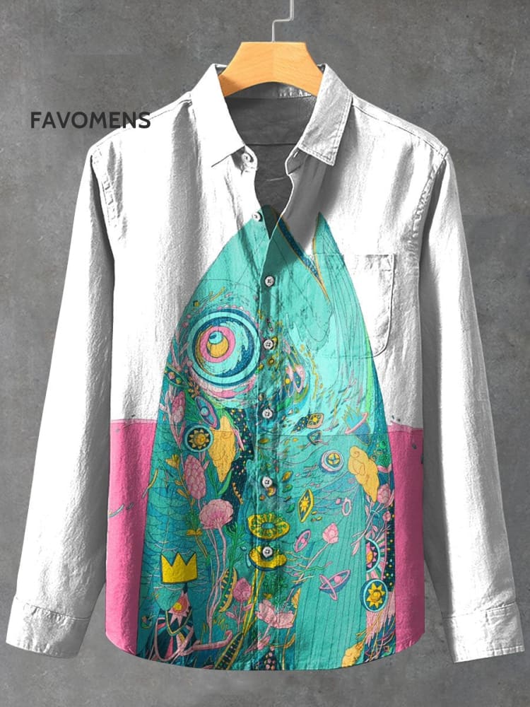 Decorative Pattern With Big Fish And Plants In Pink Water 100% Cotton Long Sleeve Shirt Multicolor
