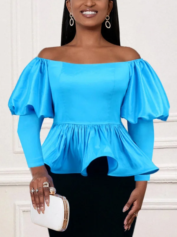 Falbala Pleated Ruffled Solid Color Long Sleeves Puff Sleeves Off-the-shoulder Blouses&shirts Tops