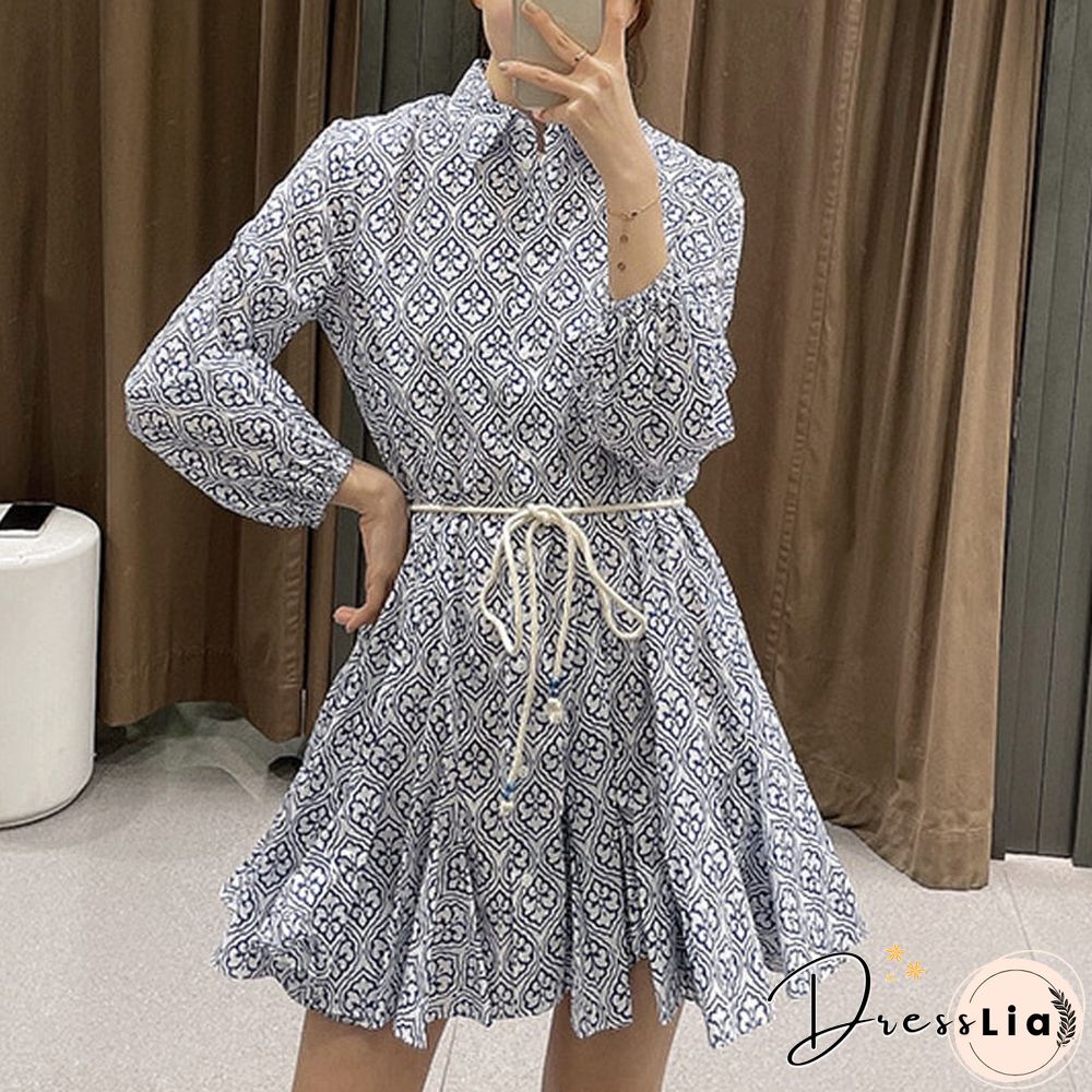 Spring Autumn Women Vintage Print Shirt Dress Casual Lace Up Long Sleeve Elegant A-Line Mini Party Dresses Ladies Vestidos