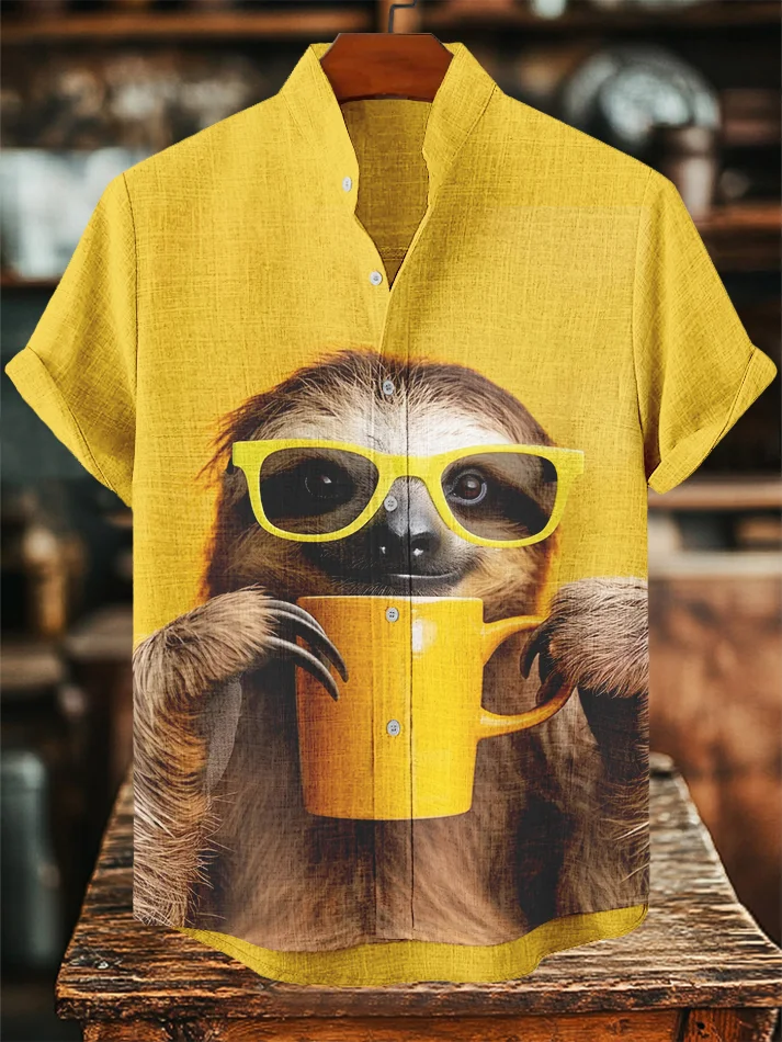 Men's Sloth Drinks Coffee Print Short Sleeve Shirt