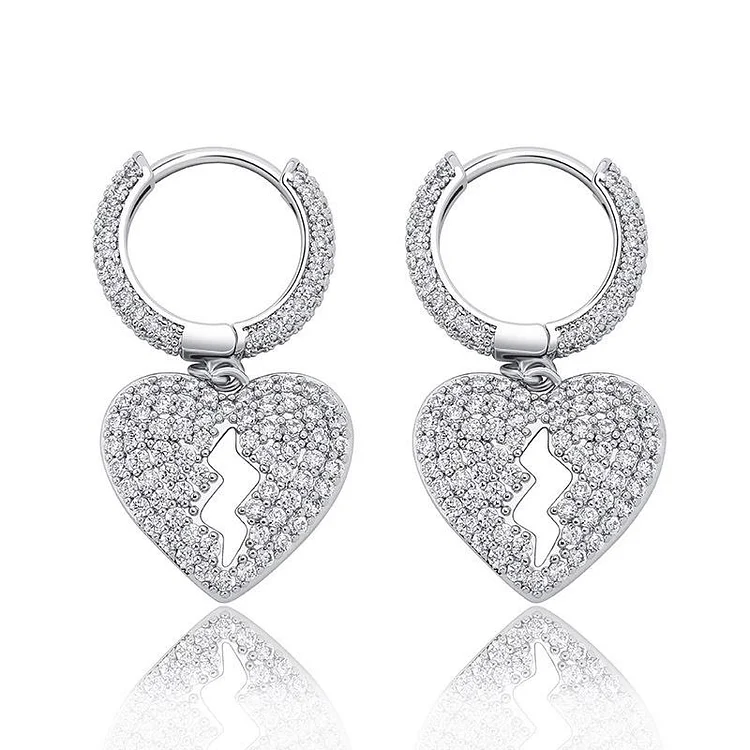Iced Out Broken Heart 18K White Gold Plated Earring-VESSFUL