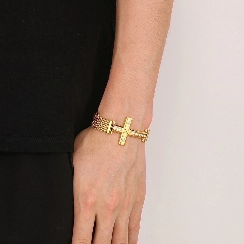 Retro Punk Cross Solid Color Titanium Steel Inlay Zircon 18K Gold Plated Men’S Bracelets