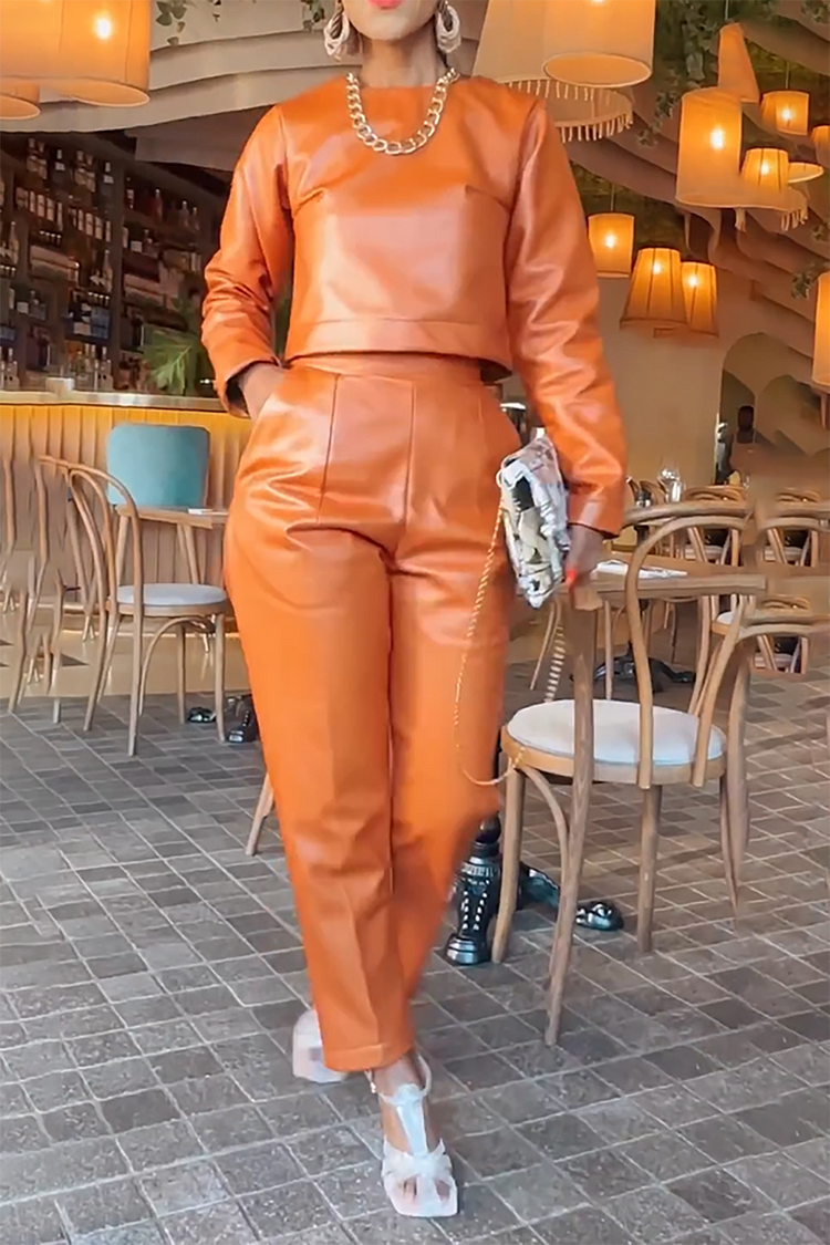Plus Size Business Casual Pant Set Orange Solid PU Leather Long Sleeve Two Piece Pant Set