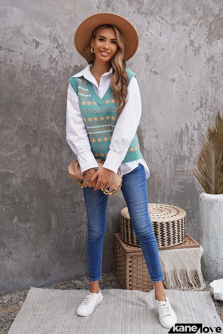 Tribal Print V Neck Knitted Sweater Vest