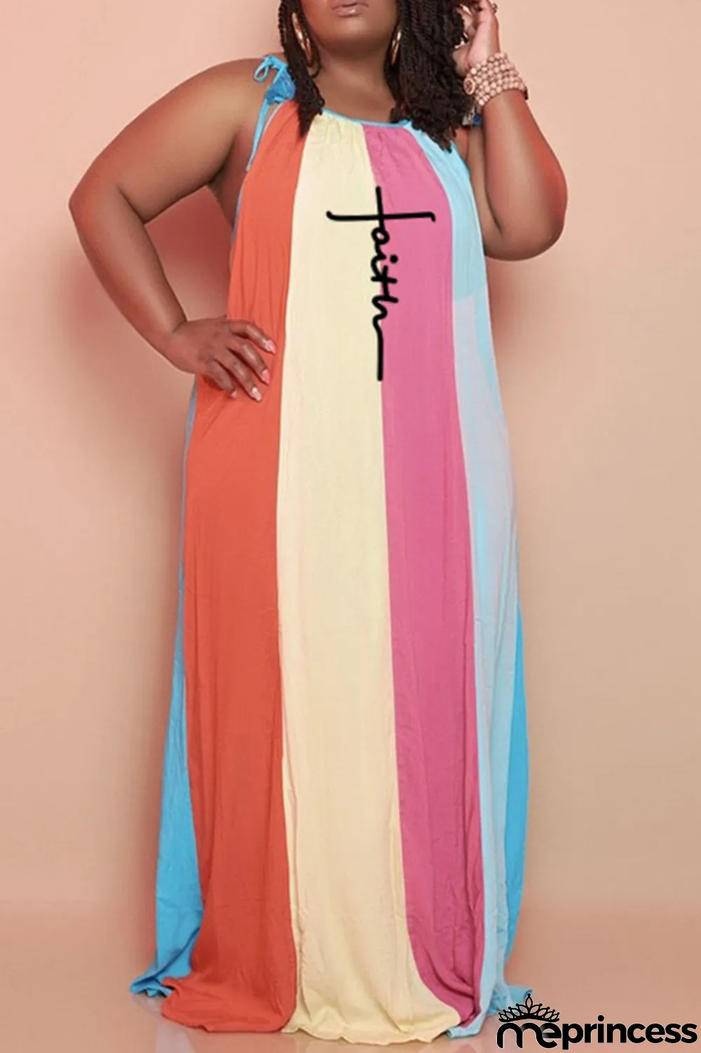 Colour Fashion Casual Plus Size Striped Print Bandage Spaghetti Strap Long Dress