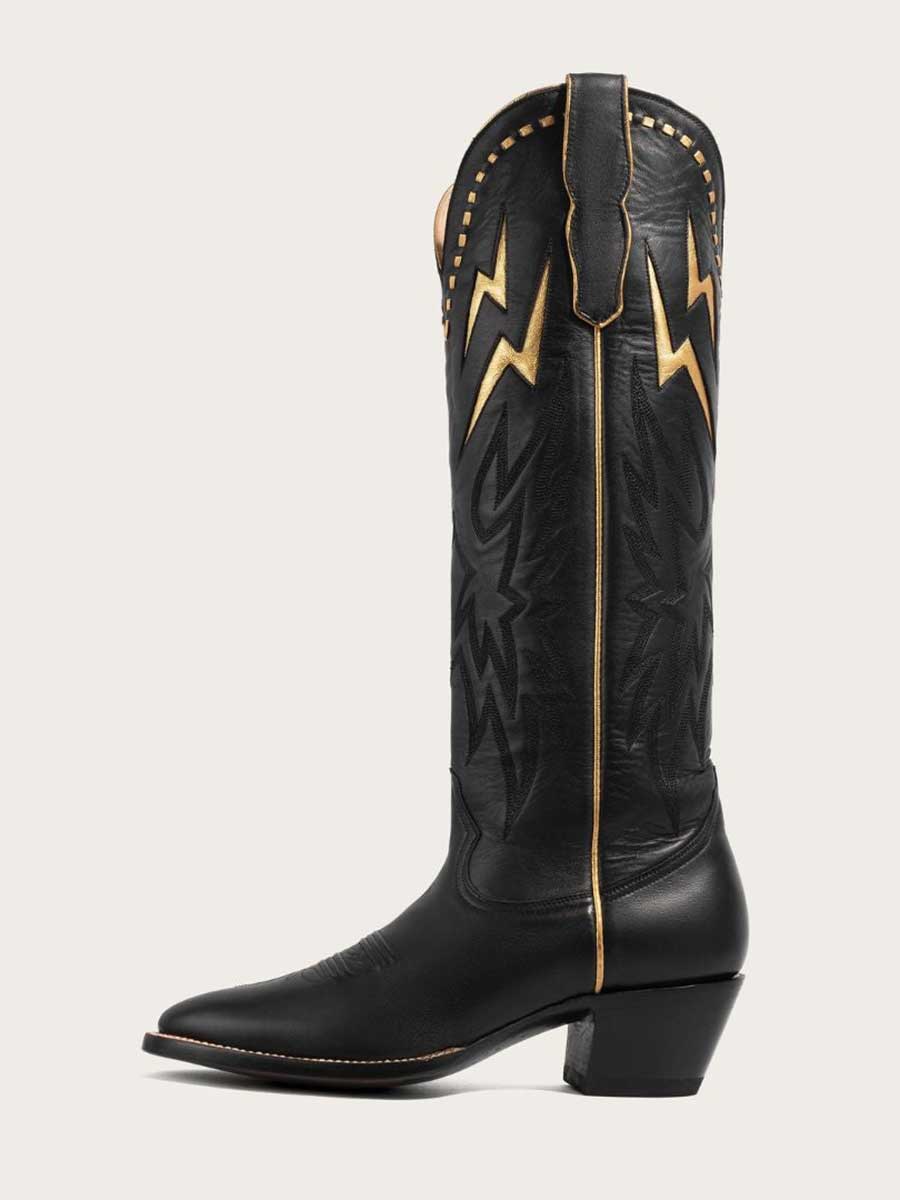 Black Round Toe Gold Lightning Knee Cowgirl Boots with Chunky Heels