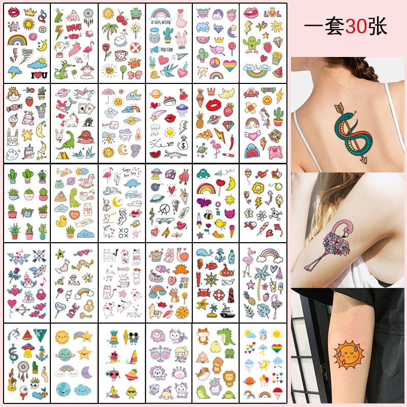 30pcs Lovely Cute Cartoon Temporary Tattoo Stickers Form Men Women Children Arm Body Waterproof Fake Tatoo Tatuajes Temporales