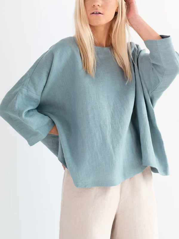 Round Neck Cotton And Linen Solid Color Top hjn Shicloths