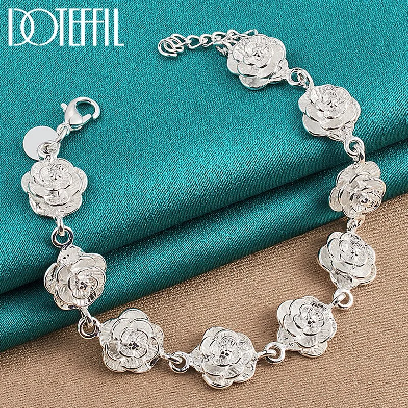 925 Sterling Silver Full Rose Flower Chain Bracelet For Women Wedding Jewelry