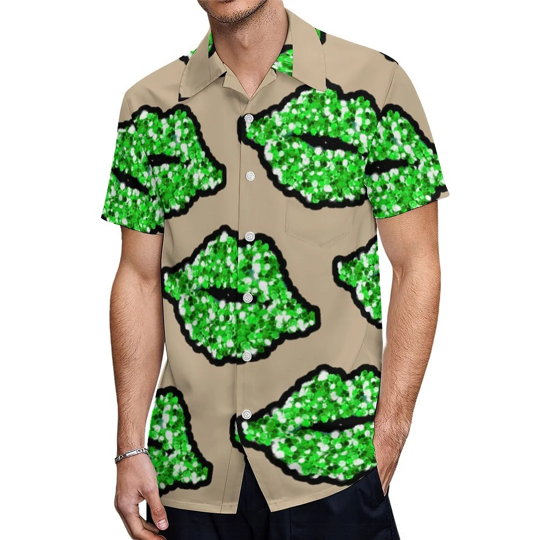 St Patricks Day Green Glitter Kiss Hawaiian Shirt Mens Button Down Plus Size Tropical Hawaii Beach Shirts