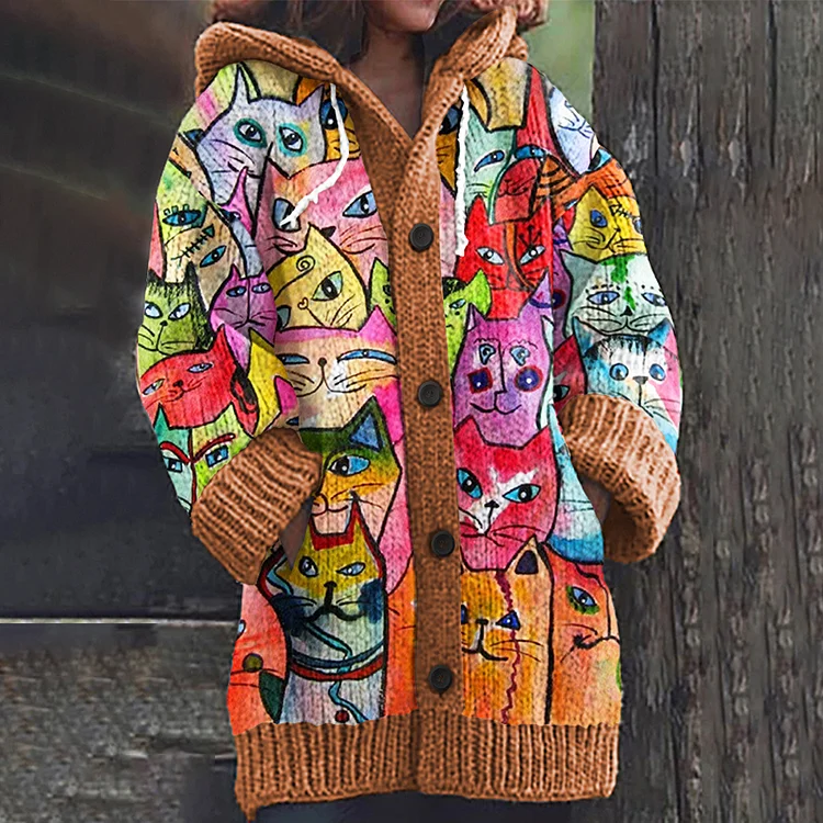 Lovely Cats World Pattern Cozy Cardigan Sweater