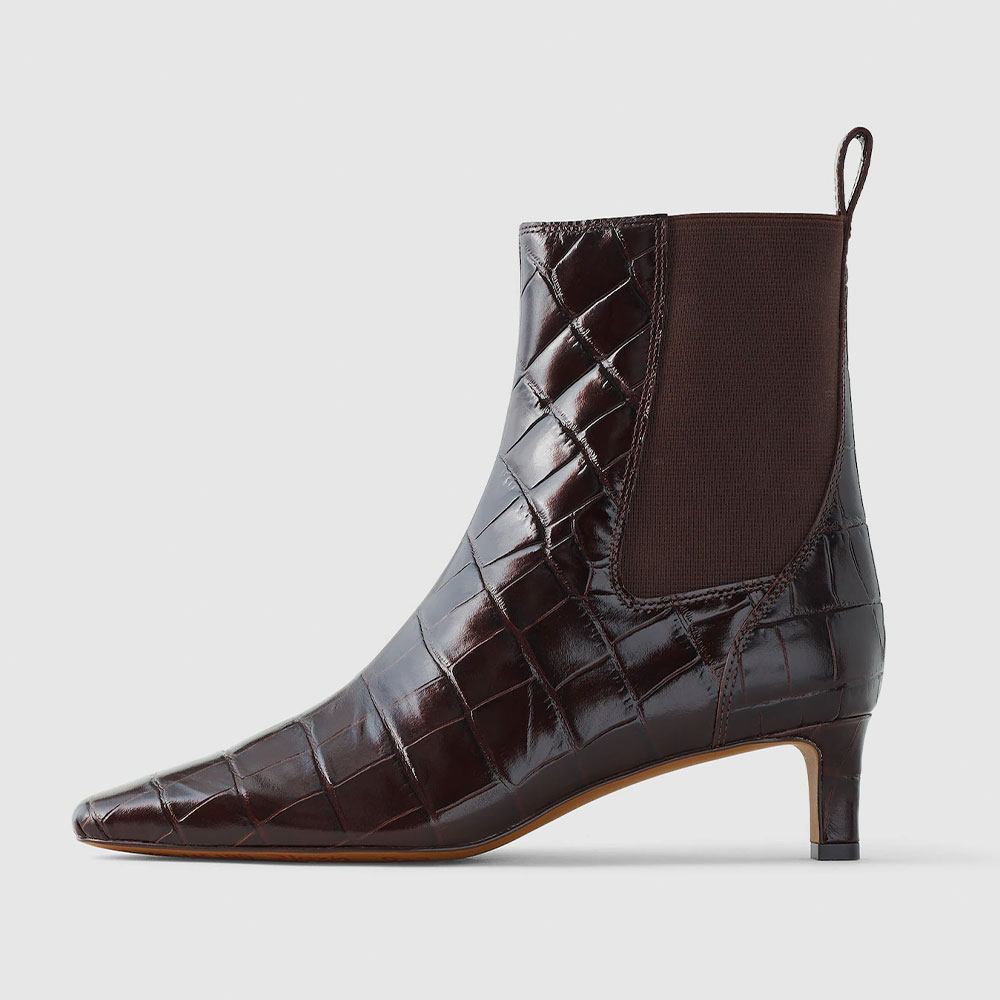 Dark Brown Crocodile Embossed Kitten Heel Chelsea Ankle Boots Nicepairs