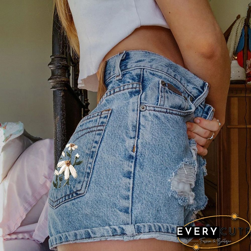 Fashion Casual Floral Printing Denim Shorts