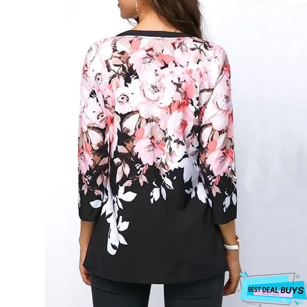 Plus Size Women Floral Printed Tops Three-Quarter Sleeve V-Neck T-Shirt