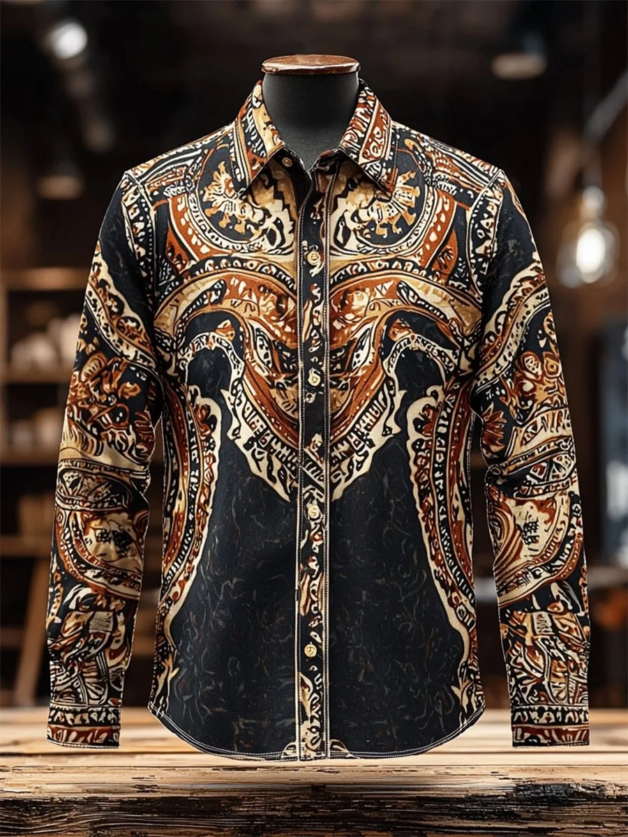 Men's Retro Casual Western Ethnic Print Long Sleeve Shirt 