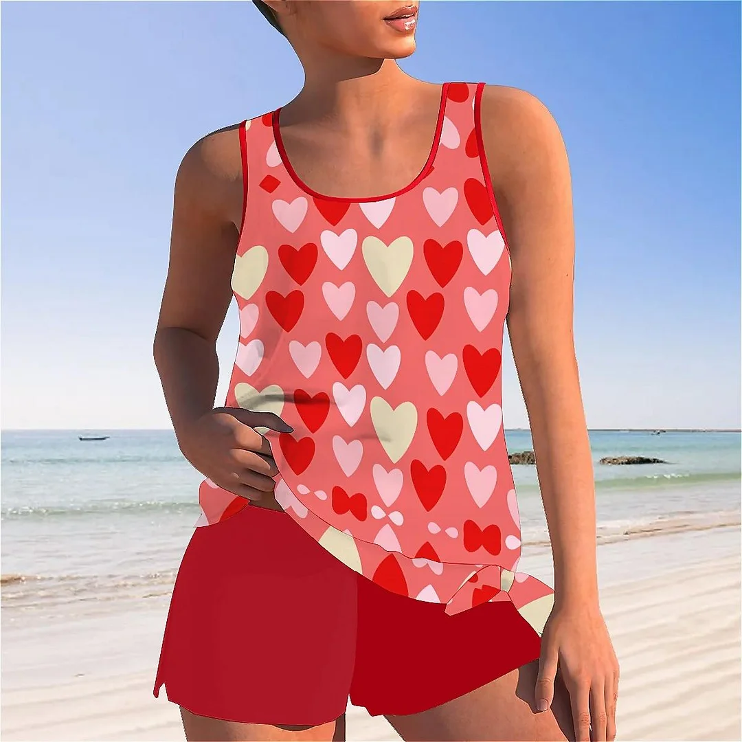Bowknot Heart,Love,Valentine's Day Mid Waisted Tankini Set - Plus Size Available