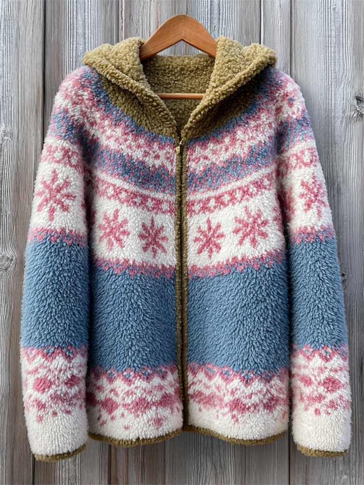 Vintage Snowflakes Fair Isle Cozy Hooded Fleece Jacket elevenforest