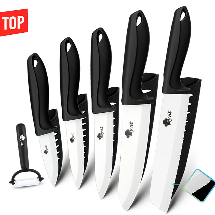 MYVIT Ceramic Knives Set,6-Piece Ceramic Kitchen Knives with Covers 6" Chef Knife,6" Serrated Bread Knife,5",4",3" Fruit Paring Knife and a Peeler