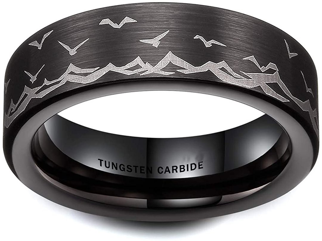 Women Mens 8mm 6mm Tungsten Carbide Ring Laser Seagull Pattern Black High Polished Tungsten carbon fiber Wedding Bands custom