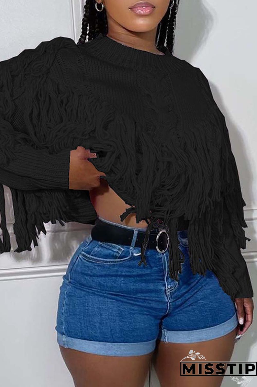 Black Casual Solid Tassel O Neck Tops