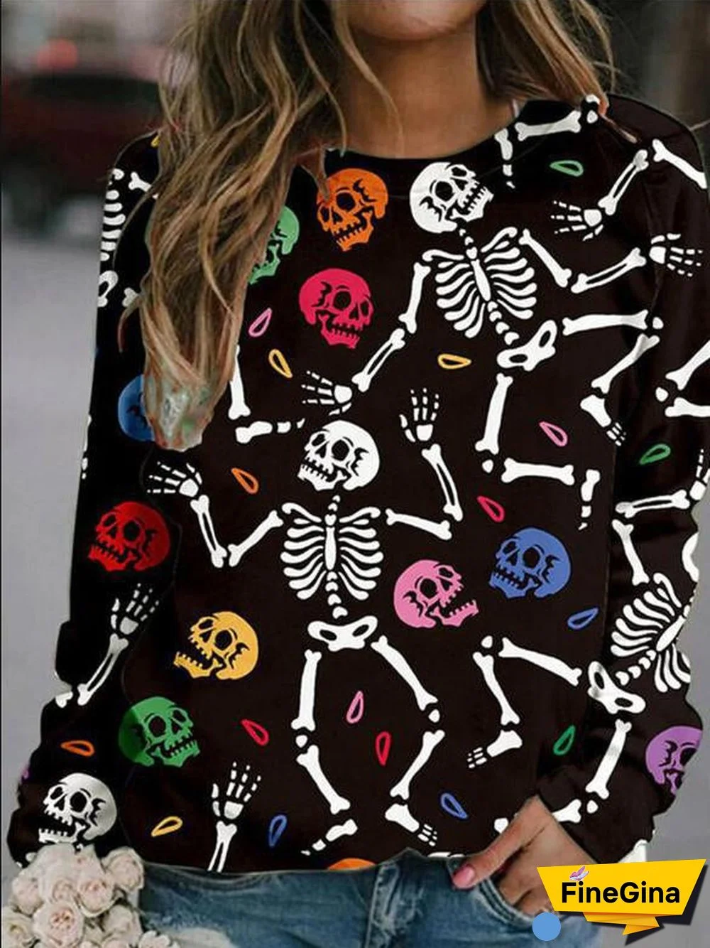 Round Neck Skull Pattern Black Top