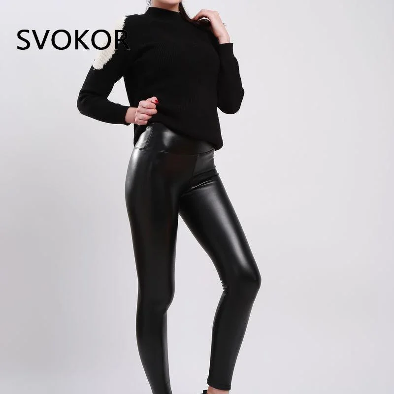 SVOKOR Women Winter Leather Pants High Waist Warm Velvet Pants Slimming Trousers Women Thick Stretch Pantalon Femme S-2XL