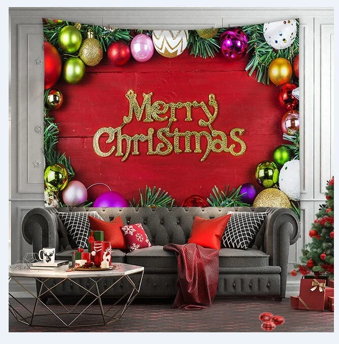 Christmas Tree Print Tapestry Wall Hanging Background Cloth Decor Red Santa Claus Polyester Tapestry Home Room Wall Decoration